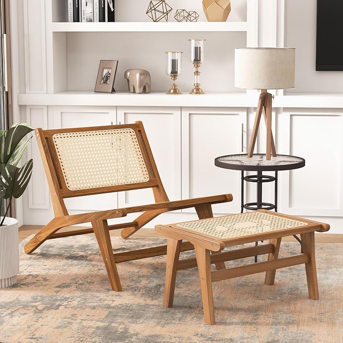 Tangkula Mid Century Modern Accent Chair with Ottoman Farmhouse Handwoven Rattan Living Room Chair with Teak Wooden Frame for Indoor Lazy Lounge Chair for Home Bedroom Office