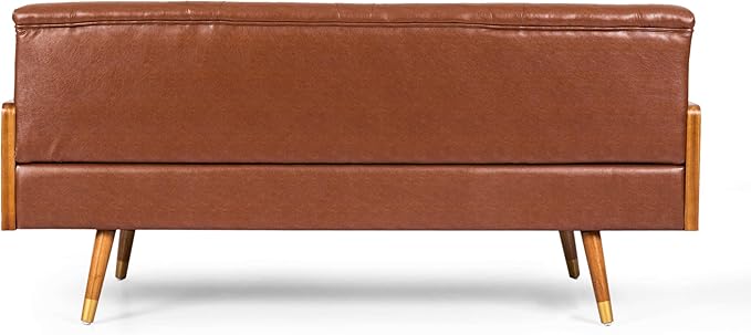 Christopher Knight Home Adelaide Mid-Century Modern Tufted Sofa with Rolled Accent Pillows Cognac Brown Dark Walnut and Gold