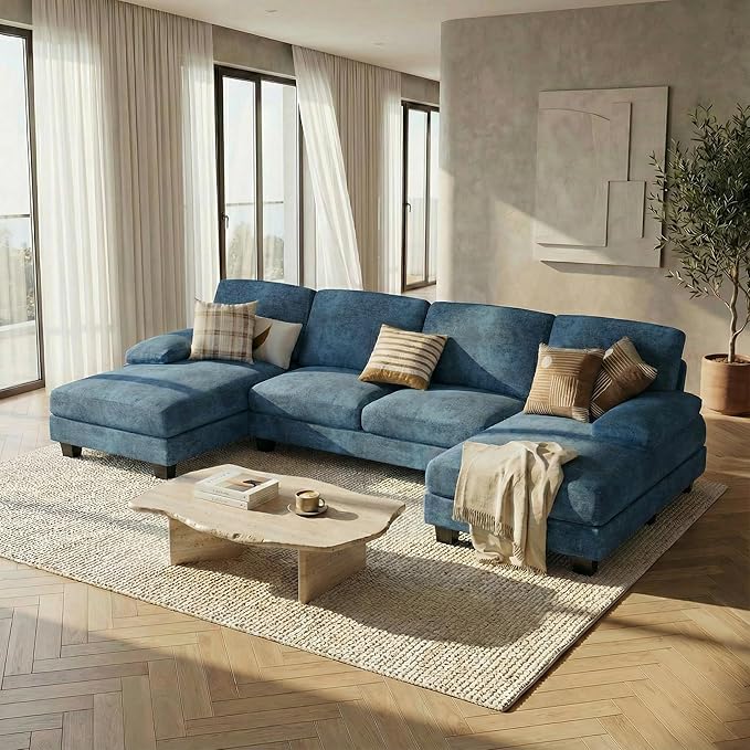Homall Modular Sectional U Shaped Sofa Couches for Living Room Comfy Chenille 4 Seat Sofa Set with Removable Pillows Lounge Chaise Upholstered Couch for Apartment (Chenille Light Blue)