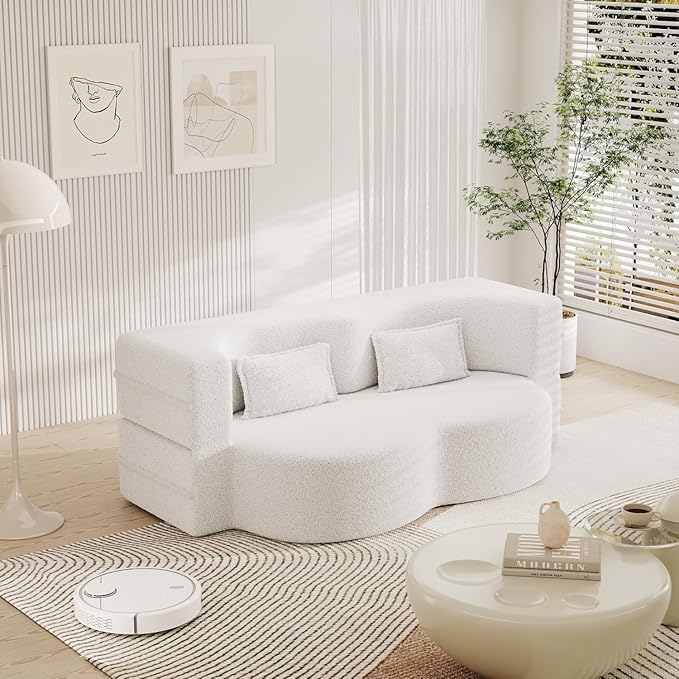 Modern Floor Sofa 78 Convertible Folding Sofa Bed with 2 Pillow Teddy Fabric Foam-Filled Mattress Sleeper for Living Room Guest Bed Playroom No Assembly Required Beige
