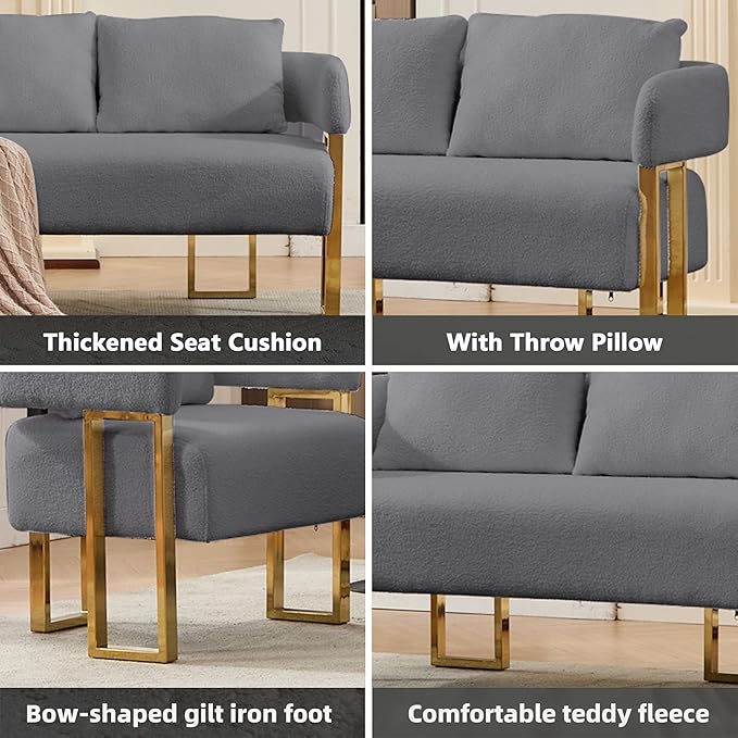 Loveseat Sofa and 2 Modern Accent Chairs no Wheels Living Room Side Chairs with Golden Metal Legs Barrel Soft TeddyUpholstered Reading Armchairs for OfficeStudyReception RoomBedroomLoungeGrey