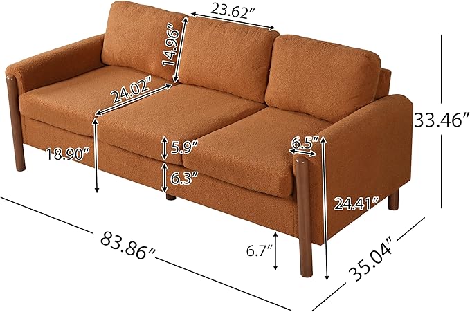 Merax 83.86 3-Seater Sofa Curved Armrest with Integrated Solid Wood Legs Teddy Velvet Fabric High Weight Capacity (250 lbs/seat) Durable Solid Wood Frame Orange
