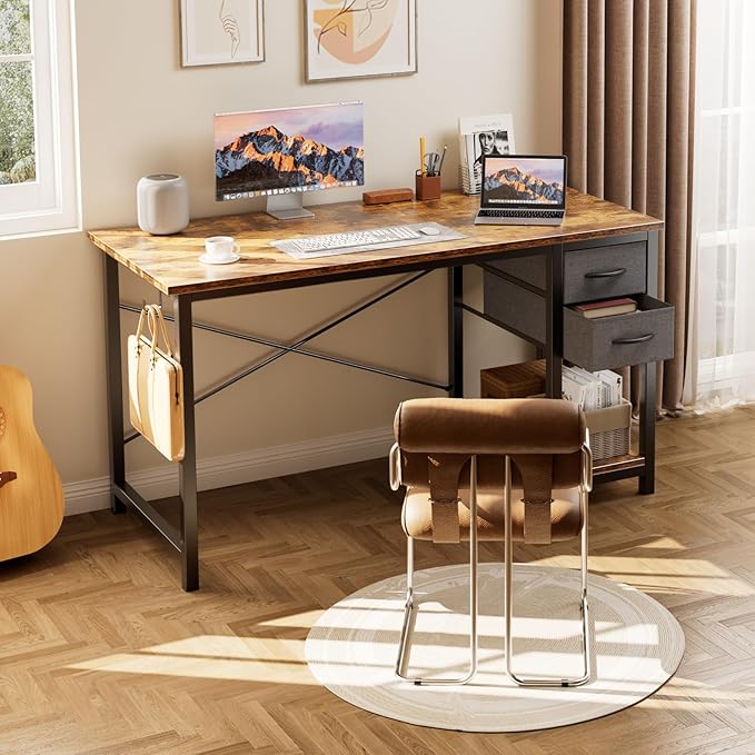 Sweetcrispy 40 Inch Computer Desk with Drawers for Home Office Writing Desk with X-Shaped Reinforcement Wood Table with Adjustable Position Drawers Modern Study Work Table with Side Hook Rust