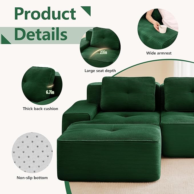 80.3” Green Boneless Couches for Living Room Modular Sectional Sofa with L-Shape Chaise 2 Seater Comfy Upholstered Loveseat Deep Seat Corduroy Fabric Cloud Couch No Assembly Anti-Slip Design