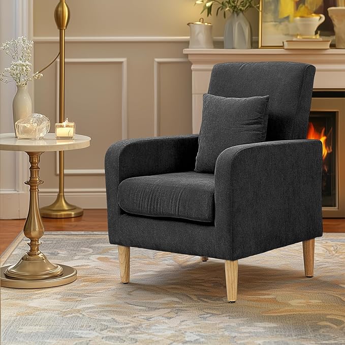 Upholstered Sofa Chair with Pillow Fabric Accent Armchair with Wooden Legs Comfy Lounge Chair for Living Room Bedroom or Office Supports up to 300 lbs (Black)