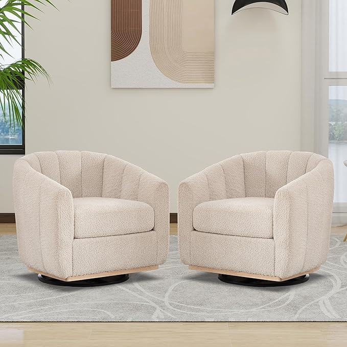 Aoiy &amp Wifon 32.33 W Swivel Accent Barrel Chair Set of 2 Round Living Room Swivel Chair Boucle Wheat