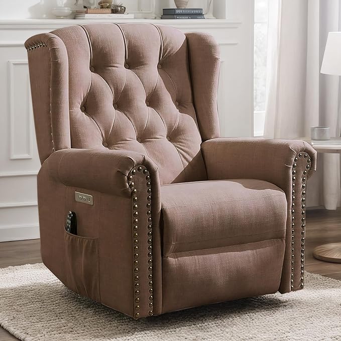 VIVIJASON Power Swivel Rocking Recliner Chair with Massage &amp Heat Electric Rocker Nursery Glider Chair Wingback Tufted Upholstered Recliner W/Type-C &amp USB Ports for Living Room Bedroom Bro