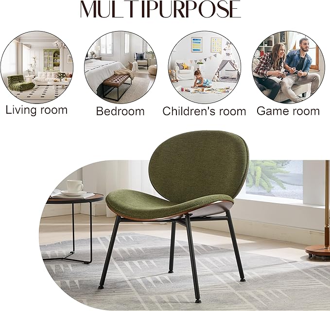 Mid-Century Modern Accent Chair Fabric Upholstered Lounge Chair Curved Back Side Chair for Living Room Bedroom Reading Nook Office (Green + Fabric Set of 1)
