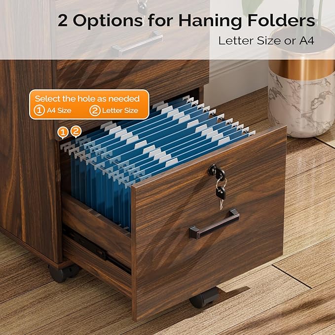 VINGLI 2 Drawer File Cabinet with Lock Wood Dark Brown File Cabinets for Letter Size File Folders with Tabs Under Desk Rolling Filing Cabinet for Home Office Mobile File Organizer Printer Stand