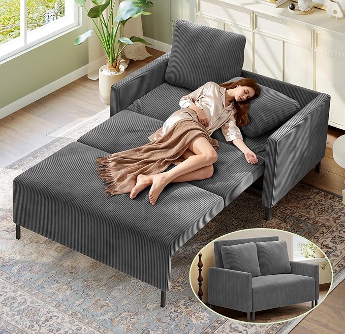 47.2 Convertible Sofa Bed Couch Comfy Corduroy Couch Bed All in 1 Loveseat Sleeper Sofa Love Seat Sleeper Bed with 2 Pillows Modern Couches for Living Room/Apartment/Home/Office Grey