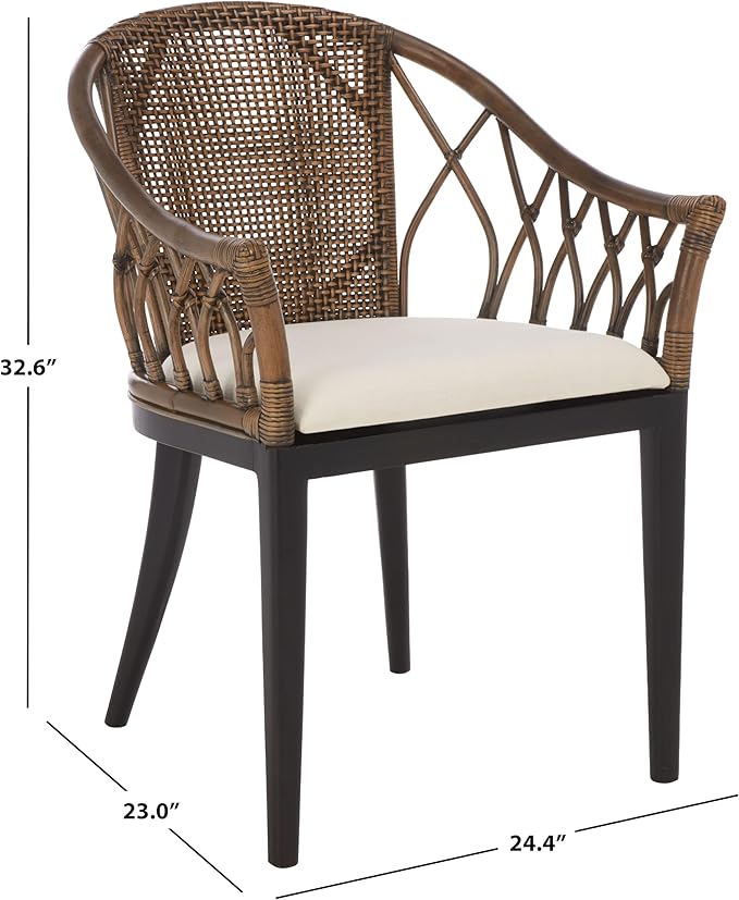 SAFAVIEH Home Collection – Miyomi Brown Rattan Arm Chair with Ivory Seat Cushion Coastal Modern Design Fully Assembled (ACH4900A)