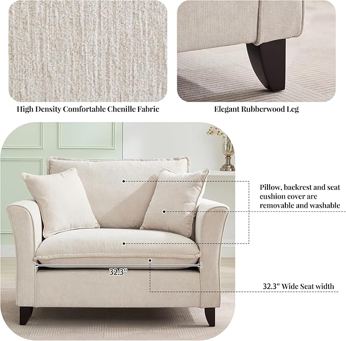 46.3 Inch Oversized Armchair Chenille Fabric Chair and a Half Single Sofa with Pillow Removable Washable Covers Rubberwood Legs Ruffled Armrests for Living Room Bedroom Office Apartment Cream