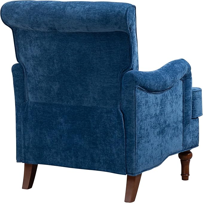 Retro Accent Armchair with Spring Cushions &amp Ergonomic Design - Chenille Upholstered Living Room Chair Removable Padding Solid Wood Legs for Bedroom Office - 300lbs Weight Capacity (Blue)