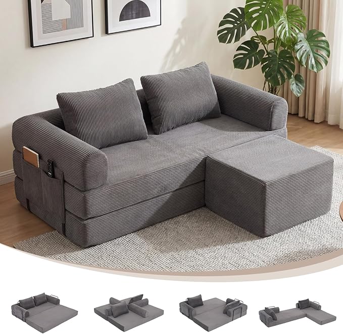 Redlife 78 Folding Sofa Bed with Ottoman Modular Loveseat Sleeper Couch Convertible Floor Sofa Corduroy Fabric Wide Armrests 28.3 Deep Seat Removable Covers &amp Side Pocket No Assembly Gra