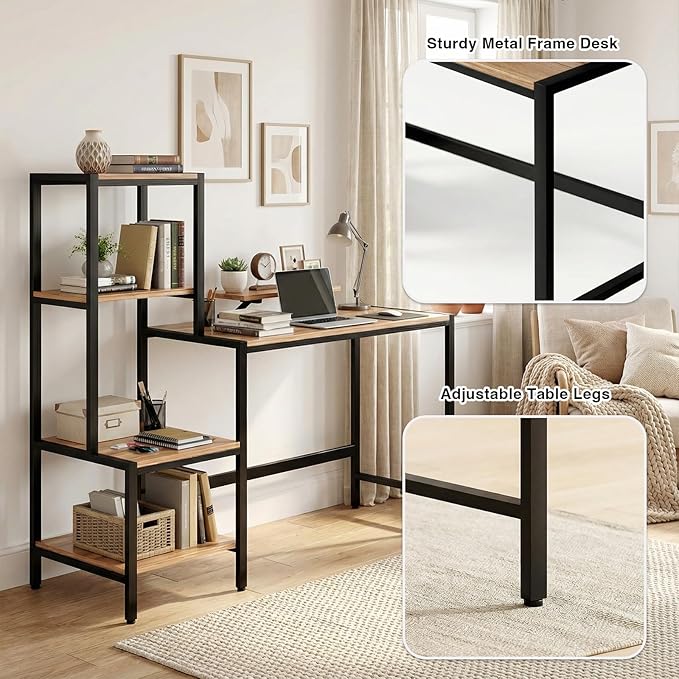 Computer Desk with Reversible Shelves Small Home Office Desk with Monitor Stand Metal Frame Wood Work Desk with Storage for Study Workspace