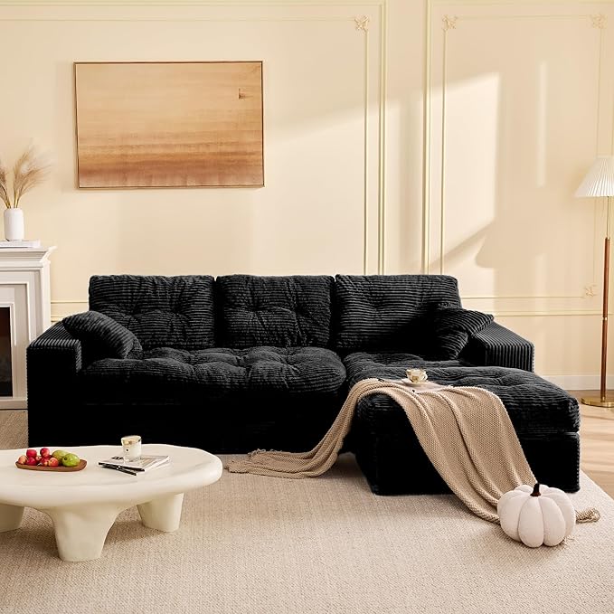 Modular Sectional Sofa 102” L-Shaped Corduroy Couch with Ottoman Deep Seat Comfy Sectional for Living Room Set of Soft Upholstered Cloud Couch for Apartment Black
