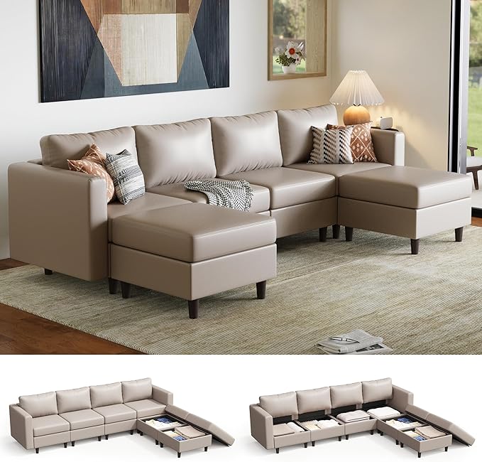 ABCASA 118.5 Oversized Modular Sectional Sofa Faux Leather 6 Seater U Shaped Couch with Movable Ottoman and Storage Seat with Reversible Chaise Deep Seat for Living Room Whitesand