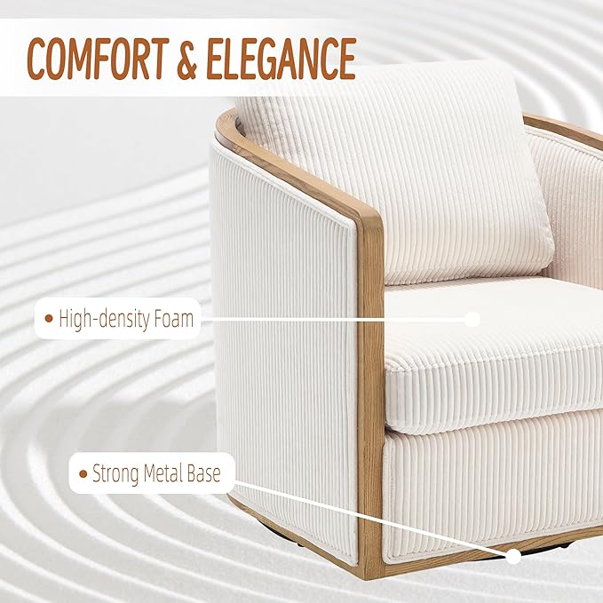 360 Degree Swivel Barrel Club Chair Comfortable Accent Sofa Chair for Living Room Leisure Armchair with Sturdy Hardwood Frame and Metal Base for Nursery Hotel Bedroom Office Lounge (Beige)