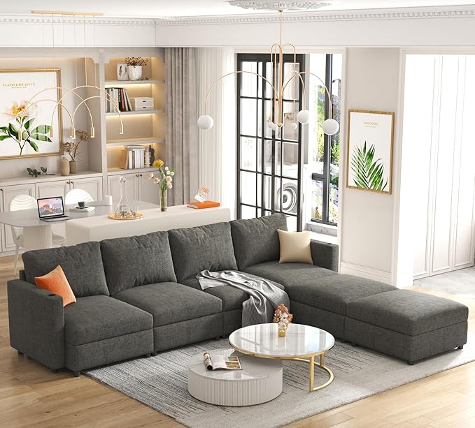 123 Large Modular Sectional SofaModern U-Shaped Sectional couch with Storage6-Seater Deep Seat Chenille Fabric Sofa for Living Room L-Shape Convertible with Movable Ottoman &amp Cup Holders (Grey