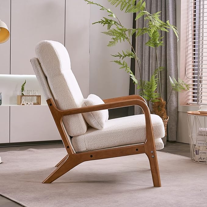 Karl home Accent Chair Mid-Century Modern Chair with Pillow High Back Teddy Fleece Upholstered Lounge Arm Chair with Solid Wood Frame &amp Soft Cushion for Living Room Bedroom Balcony White