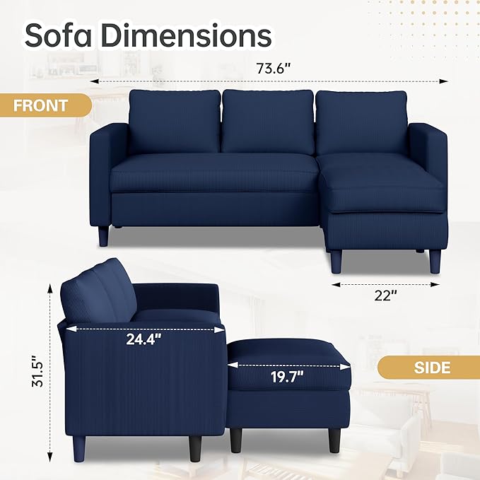 JAMFLY 3-Seat Convertible L-Shaped Sectional Sofa with Reversible Ottoman Upholstered Fabric Couch for Small Living Rooms Modern Modular Couch for Apartment Studio &amp Loft Blue