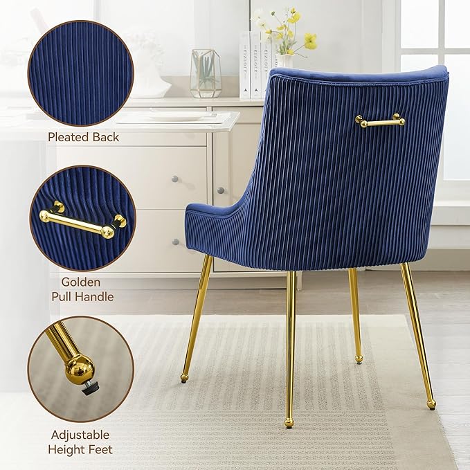 Velvet Dining Chairs Set of 4 Gold LegsUpholstered Velvet Accent Chairs Pleated Back Design &amp Gold Pull Handle Mid Century Modern Chairs for Dining/Kitchen/Living RoomBlue