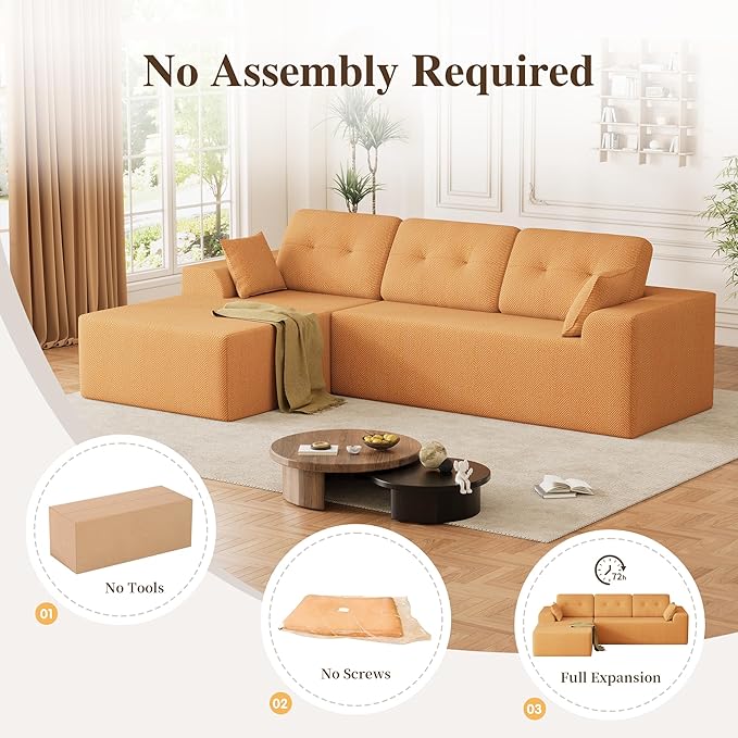 Ball &amp Cast 106 Cloud Sectional Couch Compressed L-Shaped Sofa with Deep Seat Chaise Boneless No Assembly Modular Couch Foam &amp Spring Support 2 Boxes (Left Facing Chenille Orange)