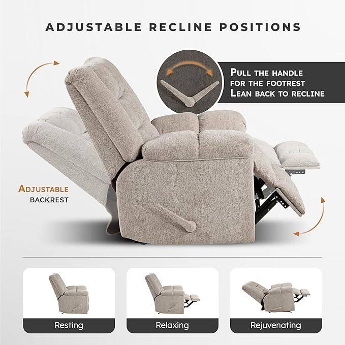 Lexicon Chenille Rocker Reclining Chair for Adults Rocker Pull Handle Recliner Nursery Chair for Living Room/Bedroom High Back Pillow Top Arms High Density Foam Cushions Light Brown