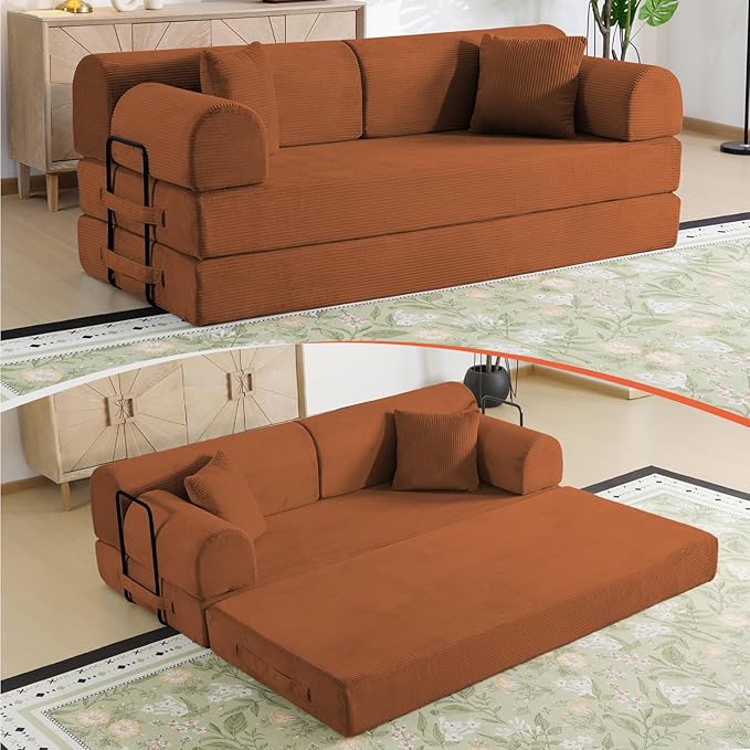 78.8 Boneless Memory Foam Couch Corduroy Convertible Floor Sofa Bed Fold-Out Sleeper Futon Loveseat Wide Armrests &amp Supportive Back 1200 lb Couch in a Box 2 Pillows Orange