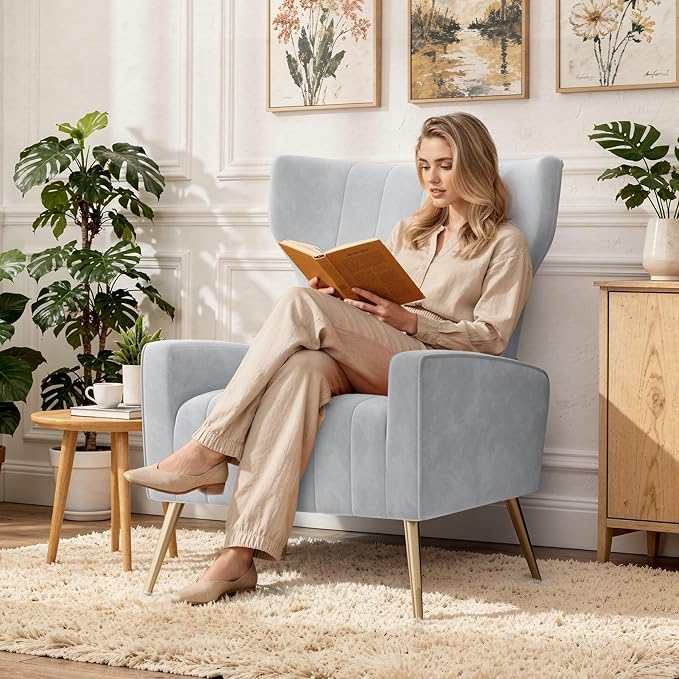 Velvet Accent Chair Wingback for Living Room High Back Arm Chair with Golden Legs Lumbar Pillow Upholstered Single Sofa Bedroom Light Gary