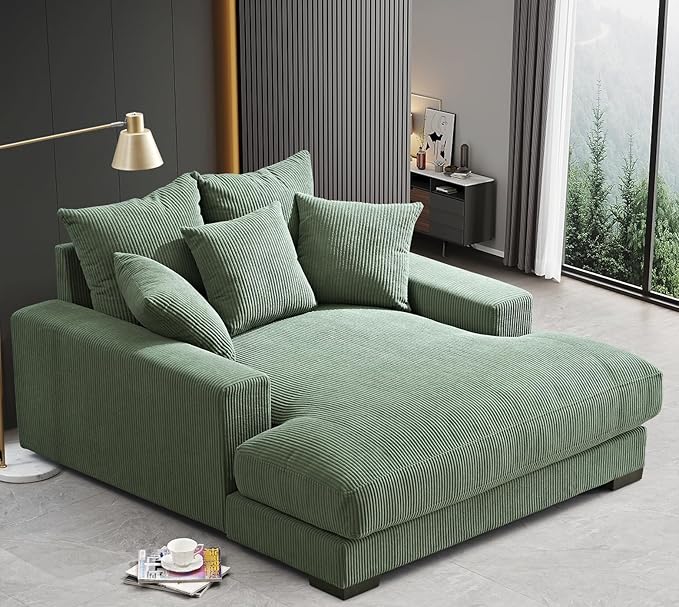 Luxe Upholstered Chaise Lounge Sofa in Soft Corduroy Fabric with Removable Cushions Oversized Chair for Relaxing in Living Room or Bedroom 55.1 Wide Green