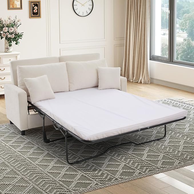 Antetek 72-inch Pull Out Sofa Bed with Mattress Convertible 2-in-1 Folding Full Size Chenille Futon Comfy Loveseat Sleeper Sofa Couch Bed with Square Arms for Guest Room Living Room Bedroom Beige