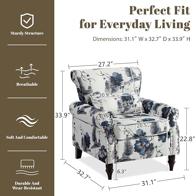 Oversized Floral Accent Chair with Extra Lumbar Pillow Upholstered Living Room Armchair with Wooden Legs Comfy Reading Lounge Chair for Bedroom Home Office (Blue Floral Pattern)