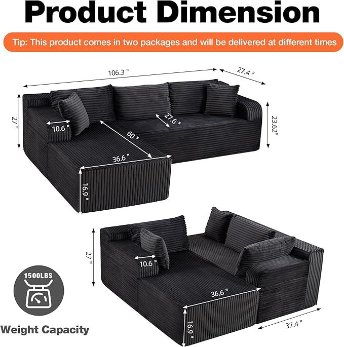 106” Cloud Modular Sectional Sofa with L-Shape Chaise and Deep Seat Corduroy Memory Foam Boneless Compressed Couch for Living Room No Assembly Required(Left Facing Chaise Dark Grey)