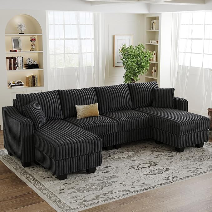 Belffin U Shaped Couch with Reversible Chaises Sectional Couches for Living Room Sectional Couch with Ottomans Corduroy (Dark Grey U Shaped)