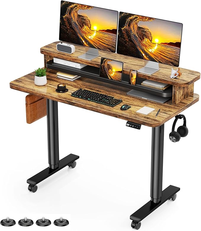 Flycity Electric Standing Desk with Dual Monitor Stand Height Adjustable Desk Sit Stand Desk with Memory Controller Casters &amp 2 Hooks Low Noise Home Office Desk (Rustic Brown 48 x 24)