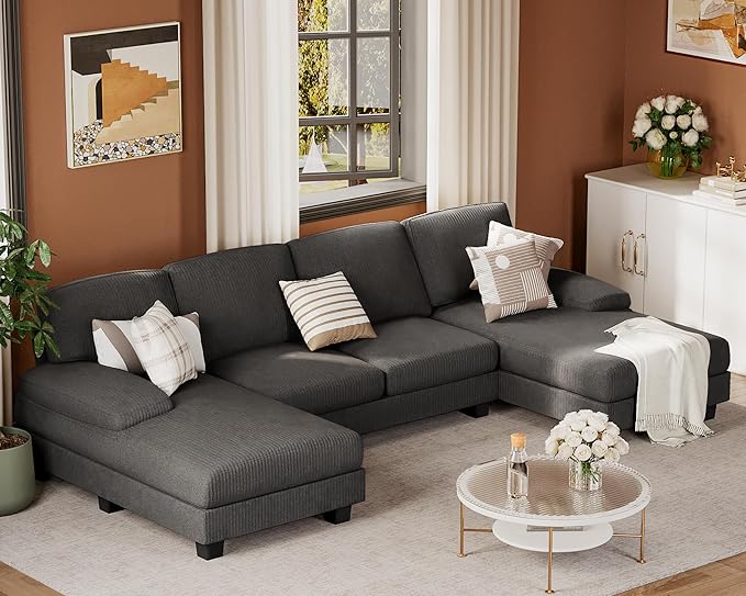 JUMMICO Sectional Couches for Living Room U Shaped Couch with Chenille Fabric 4 Seat Modern Sofa with Removable Pillows for Apartment and Small Space (Corduroy Light Grey)