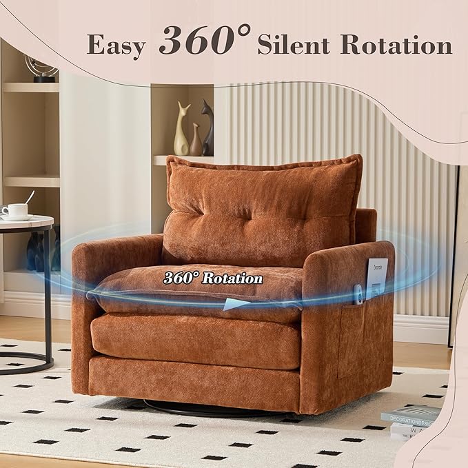 KEIKI 360-Degree Chenille Accent Sofa Chair with Thick Padded Arm and Side Pockets Single Sofa Chair with Memory Foam Support and Solid Metal Base Easy Assembly for Living Room and Bedroom Brown
