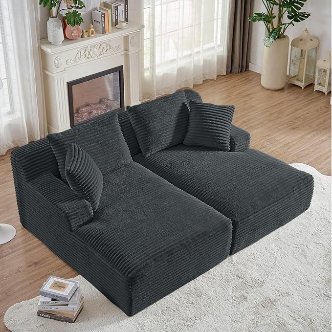 Oversized Chaise Lounge Chair Indoor Modern 78-inch Upholstered Corduroy Love Seat Sofa Bed with 4 Throw Pillows and Armrests Double Modular Sleeper Sofa Couch for Living Room Bedroom Dark Grey