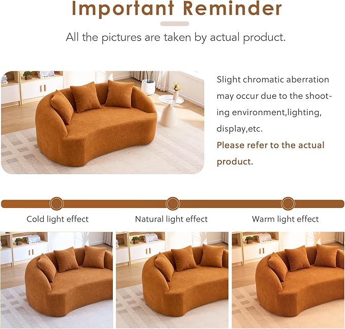 65” Beige Curved Couch&amp Loveseat Sofa with 3 Pillows Compression Couch with Round Armrest Suitable for Small Space Bedroom Living Room Memory Foam Chenille No Assembly (Upgraded Orange)