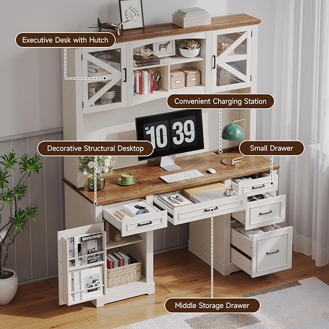 ONBRILL 72 H Farmhouse Executive Desk with Hutch Office Desk Computer Desks with Charging Station Computer Workstations with 5 Drawers and Storage Cabinet for Home Office Off White &amp Walnut