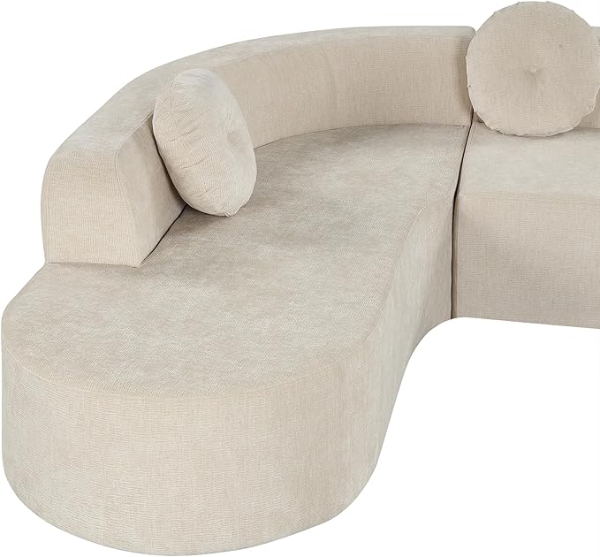 122'' Sectional SofaExtra Large Sofa with Soft Fabric Upholstery Elegant Curved Design with Three Round Cushions High-Resilience Foam for Ultimate ComfortSand
