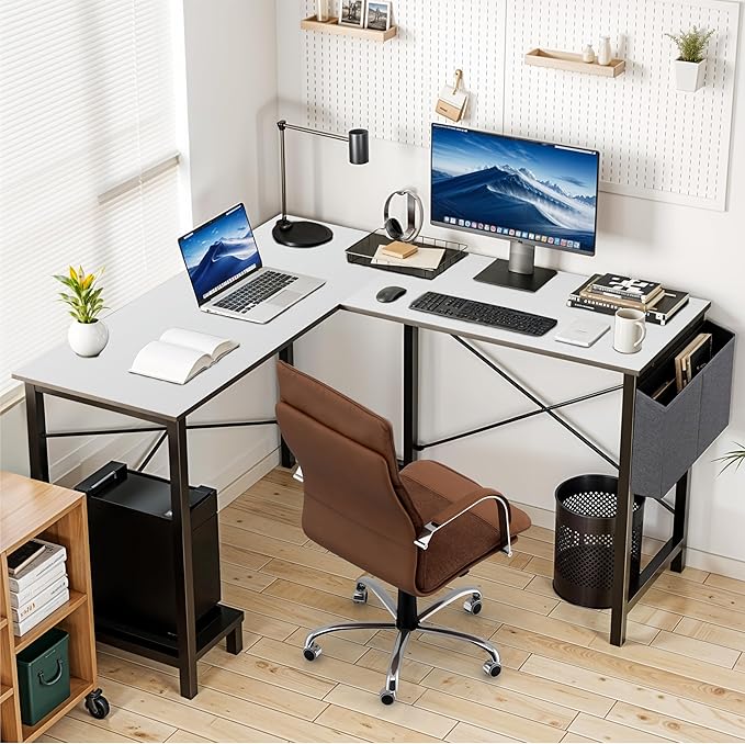 50-Inch White L-Shaped Wooden Tabletop Home Office Desk with Reversible Corner and Metal Frame Including Main Stand and Side Pocket for Gaming Working and Studying