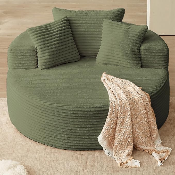 55'' Oversized Round Chair Lounge Chaise Indoor Cloud Boneless Large Circle Chair with Plush Corduroy No Assembly Required Fluffy Modern Sleeper Sofa Bed for Reading Living Room Bedroom(Green)