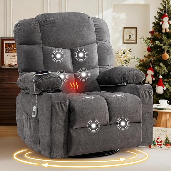 Oversized Massage Swivel Recliner Chair with Lumbar Heating for Living Room Rocker Recliner Single Sofa with Cup Holders and USB Charge Port Large Big Chair Recliners for Adult