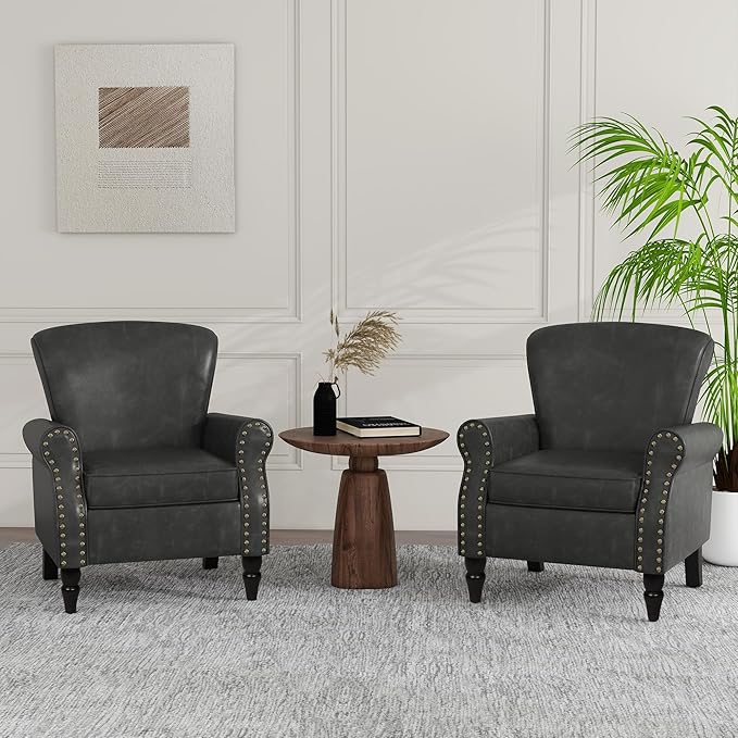 Accent Chair Mid Century Modern Faux Leather Arm Chair with Wood Leg for Living Room Bedroom Comfy PU Leather Club Reading Chairs with Wingback &amp Nailhead Trim (Leather Black Set of 1)