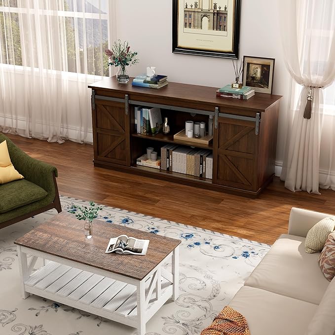 YESHOMY TV Stand for Televisions up to 65 Inches with Sliding Barn Doors and Storage Cabinets Console Table and Media Furniture for Living Room 58 Inch Espresso