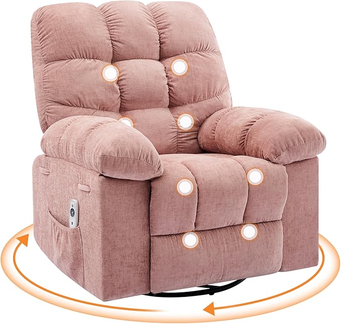 GarveeHome Rocker Recliner Chair with Vibration Massage and Heat 360° Swivel Recliner Sofa with Side Pocket Single Reclining Chair for Living Room and Bedroom Pink