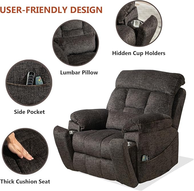 4 Motor Power Lift Recliner Chair for Elderly 400LBS Big Man Oversized Lay Flat Recliner with Massage Heat Zero Gravity Electric Lift Chair Adjustable Headrest Cup HoldersDark Grey