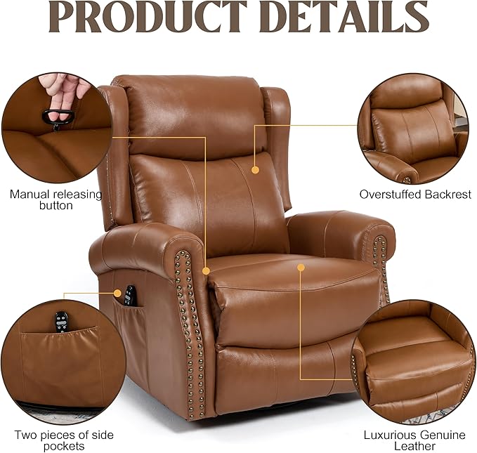 Manual Rocker Swivel Recliner Chair for Adults Vibration Massage Reclining Glider Chair with Lumbar Heat Rivet Design Single Sofa for Living Room Genuine Leather Brown